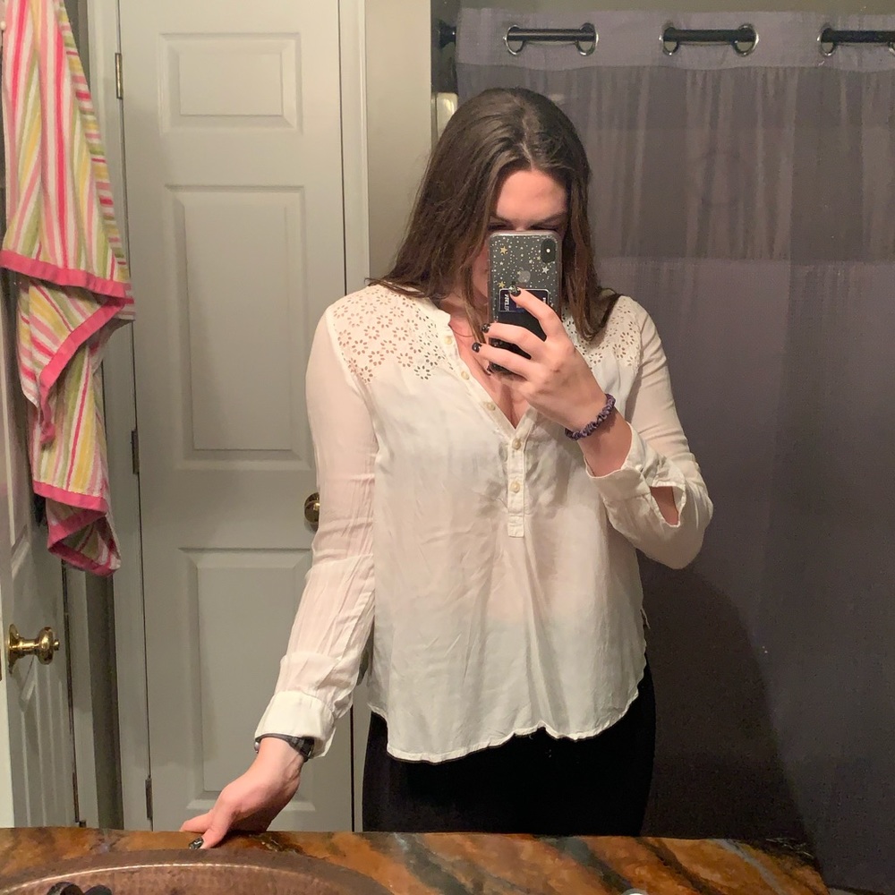 AEO - white laced button down blouse with floral